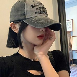 American retro baseball cap womens soft top washed denim duck tongue hat wide Brim big surround face small hat W241010