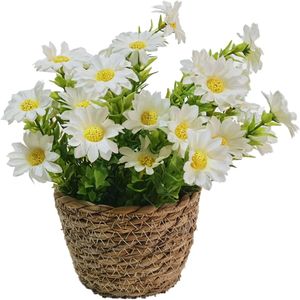 Artificial Daisy Flowers in Rattan Basket, Small Fake Plants for Office Tabletop Decoration