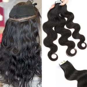 Tape In Human Hair Body Wavy Wave Extensions For Black Woman 100% Real Remy Skin Weft Adhesive Glue Natural #1B