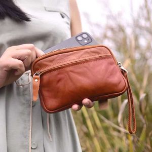 Key chain wallet Vintage handmade leather purse cowhide hand bag Plant tanned leather mobile phone bag Car keys small bag