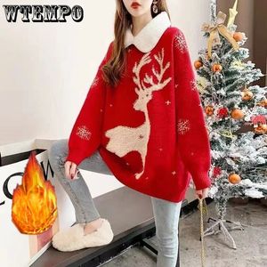 WTEMPO Womens Long Sleeve Drop Shoulder Christmas Sweater Fleece Lined Knitted Jumper Turn Down Collar Deer Snowflake Knitwear 241022