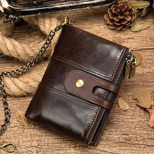 Top Quality Men Women Genuine Leather Wallet Small Card Purse With Iron Chain RFID Anti Theft Zipper Wallets Multi Card