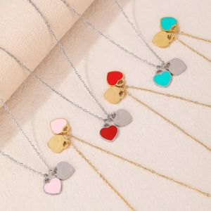 Designer colorfast Double Heart-Shaped Necklace Woman Stainless Steel blue pink green Pendant Luxury Jewelry Valentine's Day High Quality Christmas Gift