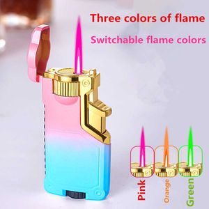 Creative Three Flame Butane No Gas Lighter Metal Gradient Switching Cool Windproof Torch Smoking Accessories Gadgets RLDO