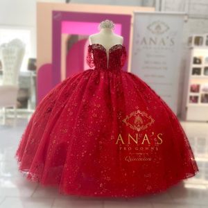 2024 Red Shiny Off the Shoulder Quinceanera Dresses Ball Gown Birthday Party Dress Applique Beads Crystal Train Gown Sweetheart de 15