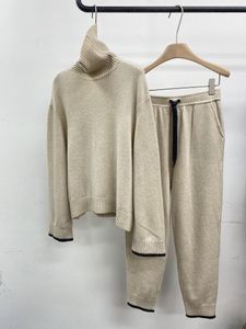 Calças femininas de duas peças cashmere pulôver camisola calça define gola alta tricô cordão calças elegante feminino perna larga