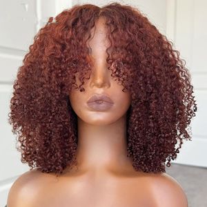 Rödbrunt mänskligt hår peruk koppar röd cheveux humains 4a afro kinky curly brasiliansk maskin gjord bang peruk