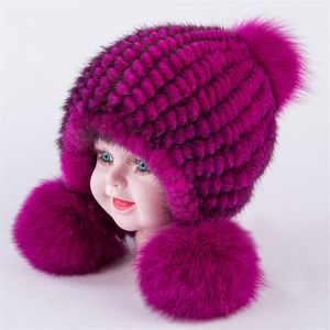 Bollmössor Ankomst Vinterhatt för Baby Girl Boy Child Child of Real Mink Fur Cap med Big Pompom Fashion Warm Knitting Headwear H30 230831