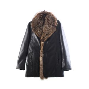 Мужская кожаная куртка, зимние меховые пальто с воротником из меха енота, черные толстые теплые ветровки M L Xl Xxl 3xl 4xl 5xl
