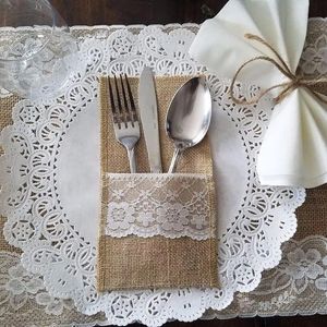 50Pcs/Lot Burlap Cutlery Holder Lace Tableware Pouch Pocket Christmas Silverware Holder Pockets Wedding Table Decoration