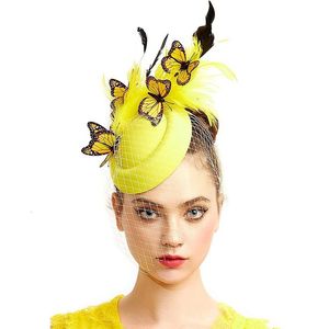 Breite Krempe Hüte Eimer Braut Fascinator für Hochzeiten Zubehör Elegante Schmetterling Kopfbedeckung Damen Kirche Fedora Kappe Haarnadel Mesh Hut 230831