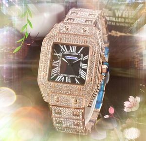 Iced Out Hip Hop Woman Man Par Watches Diamonds Ring Case Clock Three Pins Design Square Roman Tank Dial Quartz Movement Automatic Date Chain Armband Watch Gifts