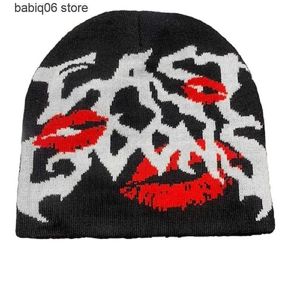 Beanie/Skull Caps Goth Letter Lip Jacquard Beanie Caps Y2K Vintage Sticked Warm Hip Hop Unisex Elastic Knit Hat Skull Cap for Women Men Halloween T230731