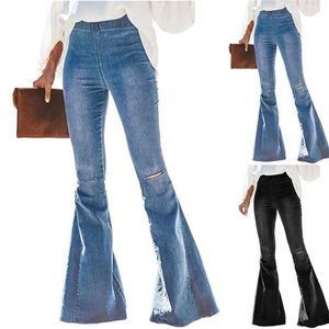 2020 calças femininas flare rasgado vintage cintura alta jeans magros para mulheres sexy retro denim calças senhora streetwear trouser286s