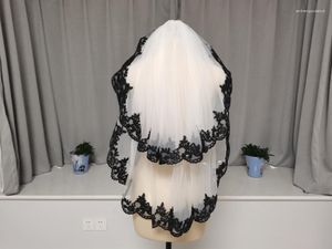Bridal Veils Two Veil Black Lace Trim Wedding White Ivory Tulle