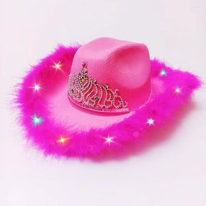 Berets 2023 الكبار LED Bling على الطراز الغربي قبعة Tiara Cowgirl قبعة للنساء Girl Pink Cowboy Cap Holiday Costume Magic