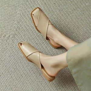 Sandálias mula quadrada toed sapatos planos tiras estreitas chinelos simples verão feminino elegante e confortável para pisar