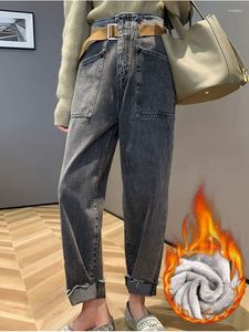 Calças de brim femininas de pelúcia vintage engrossar vaqueros tendência inverno veludo forrado quente cintura alta harem baggy tornozelo comprimento denim calças femininas