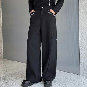 Calças masculinas homens sólido splice zíper corredores cintura elástica calças retas streetwear 2023 outono na moda solto casual pantalon