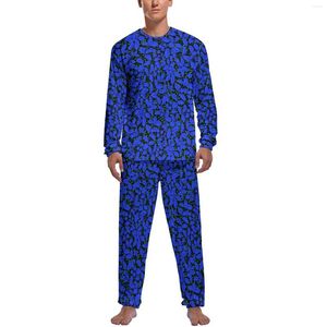 Men's Sleepwear Blue Plant Pajamas Man Leaves Print Elegant Spring Long Sleeves 2 Pieces Sleep Graphic Set