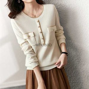 Vimly Fine Knit Pullovers Sweaters for Women 2023 Autumn Elegant Long Sleeve Topps Female Patch Pockets Knitwear Jumpers 71108 HKD230829