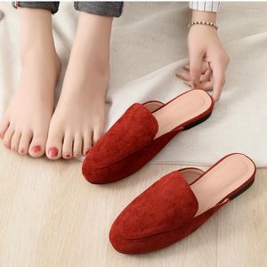 Slippers Women Noiseless Null Flat Shoes Round Toe Flock Low Price Summer Daily Slides Red Khaki Pinkish Cute British Style EU44