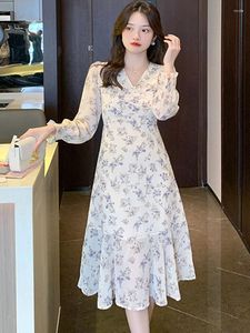 Sukienki swobodne wiosna sukienka midi kobiety koreańskie eleganckie eleganckie wieczór retro moda kwiat nadruk szyfonowy marszki imprezowe vestidos