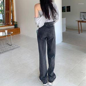 Damen Jeans N4280 High Waist Slim Denim Hose Korean Retro Straight-Leg