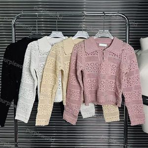 Damen-Pullover, lässiger Pullover, Revers-Strickwaren, klassisches handgehäkeltes, langärmliges Kleidungsstück mit Blumenausschnitt, Revers und Spitze