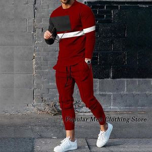 Herrspårspår Spring Tracksuit Set 3D Printed Solid Color Jogger Sportwear Casual Long Hidees T Shirts Pants Passar Mänkläder