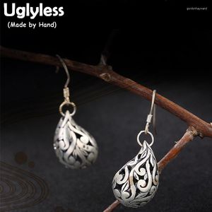 Dangle Earrings Uglyless Real S 999 Fine Silver Jewelry For Women Ethnic Waterdrop Handmade Carved Hollow Brincos Vintage Bijoux