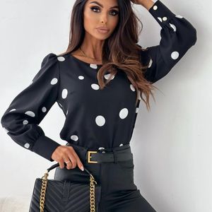 Blusas femininas moda bolinhas manga longa pulôver elegante fino o-pescoço camisa inferior outono escritório casual oco blusa streetwear