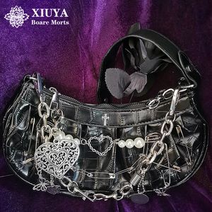 Akşam çantaları xiuya harajuku gotik omuz çantası kadınlar vintage klipsli inci zinciri goth çantası pilili köfte çanta kadın debriyajı 230831