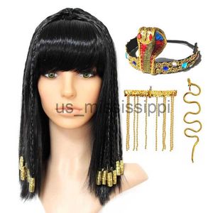 Cosplay peruker cleopatra cosplay peruk Egypten drottning svart hår guld pärlor dekoration dans halloween fest roll spela cosplay peruk peruk cap x0901