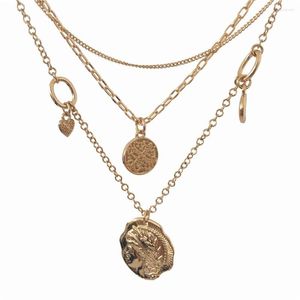 Pendant Necklaces Gold Color Plating Heart Moon Engraved Round Disc Coin Layered Necklace