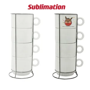 Sublimation Coffee Mugs Set of 4pcs 8oz Blank Stackable Coffee Mugs with Metal Rack Porcelain Stackable Cappuccino Cups for Coffee