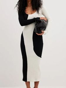 Основные повседневные платья вязаные макси -дрес элегантное силм -длинное платье винтажное черное белое платье свитера с длинным рукавом.