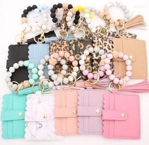 Keychains Silicone Beaded Wristlet Keychain Bracelet Tassel Leopard Leather Wallet Bangle 11 Colors Keyrings For Women