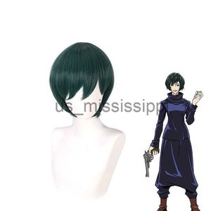 Cosplay perukları anime 35cm Maki Zenin Cosplay Wig Anime Jujutsu Kaisen Koyu Yeşil Kısa Isı Dayanıklı Saç Perukları X0901