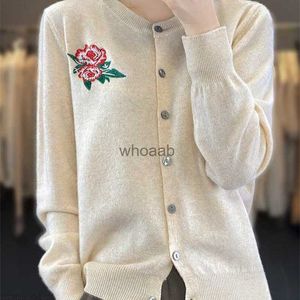 New Embroidery 100% Merino Wool Flower O-Neck Casual Cardigan For Women Pure Colors Long-Sleeves Cashmere Sweater Female Jacket HKD230901