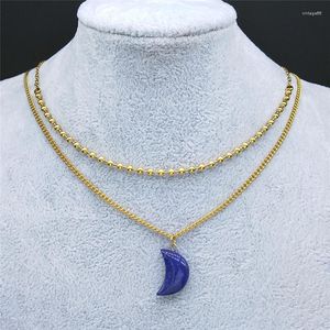 Anhänger Halsketten 2PCS Mond Lapis Lazuli Edelstahl Perle Layered Halskette Frauen Gold Farbe Kette Schmuck Collier Lune ND25S04