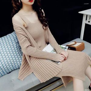 Work Dresses High Quality Winter Women's Casual Long Sleeved Cardigan Suspenders Sweater Vest Dress Two Piece Runway Suit