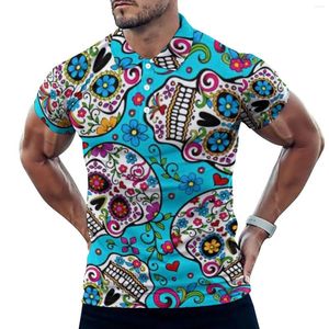 Polos masculinos com estampa de caveira de açúcar, camisetas casuais, flores, caveiras, camisas polo masculinas, camisa de tendência, manga curta, roupas gráficas, tamanho grande