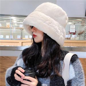 Berets Women Winter Bucket Hat Faux Furt Wszerz do Outdoor Fisherman Cap Soft Panama Panie Plush Sun Solid Color Beanie