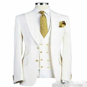 Abiti da uomo Blazer Abito bianco su misura da uomo Set Sposo Uomo Giacca con bottoni dorati Cena Prom Smoking da sposa Blazer da lavoro 202S