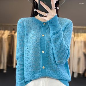 Women's Knits Spring And Autumn Wool Knitted Cardigan Ladies Hollow O-neck Solid Color Bottoming Cashmere Sweater Outside The Coat