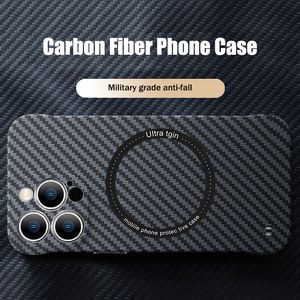 Kolfiberstruktur Skin Telefonfodral Magnetiskt för Magsafe Trådlöst laddningsfodral för iPhone 15 14 13 12 11 Pro Max Matte Hård stötsäker täckning