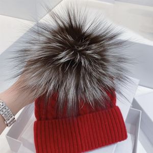 Fox Fur Pom Pom Pom Beanie Cap Women Fashion Wool Trif