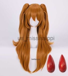 Cosplay Wigs High Quality EVA Asuka Langley Soryu Cosplay Wigs Long Orange With 2 Ponytail Clips Heat Resistant Synthetic Hair Wig Cap x0901