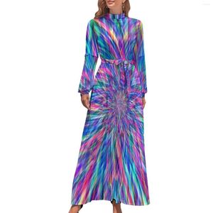 Casual Dresses Colorful Tie Dye Dress Bright Light Print Elegant Printed Maxi High Neck Long Sleeve Eesthetic Boho Beach